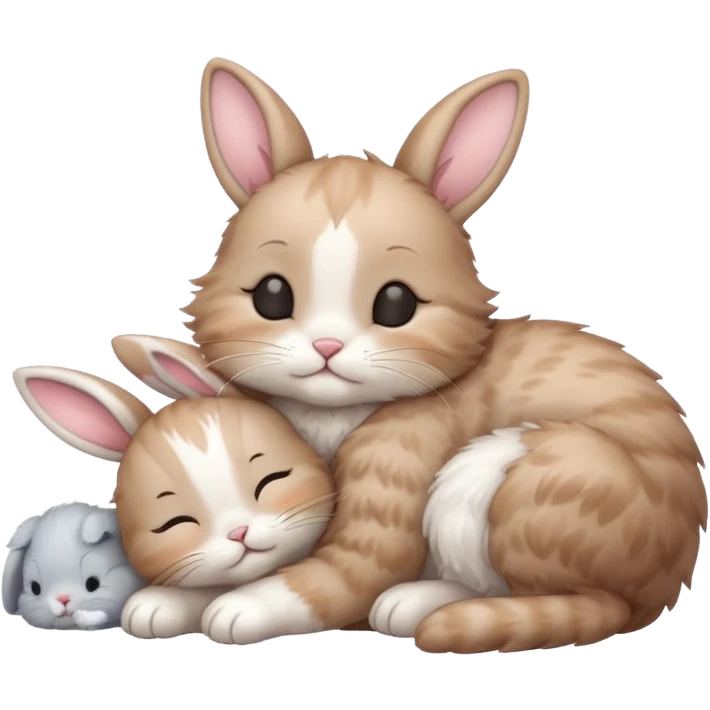 A little kitten sleeping next to a sweet rabbit  emoji