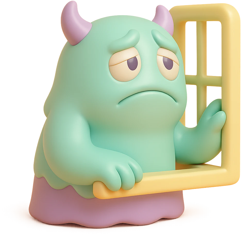 monster looking out a window, longing expression, soft pastel palette, toy-like vinyl figure style emoji