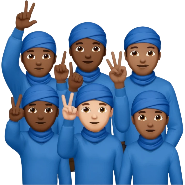 Group of black men with guns, blue clothing, blue bandanas, throwing up hand signs emoji