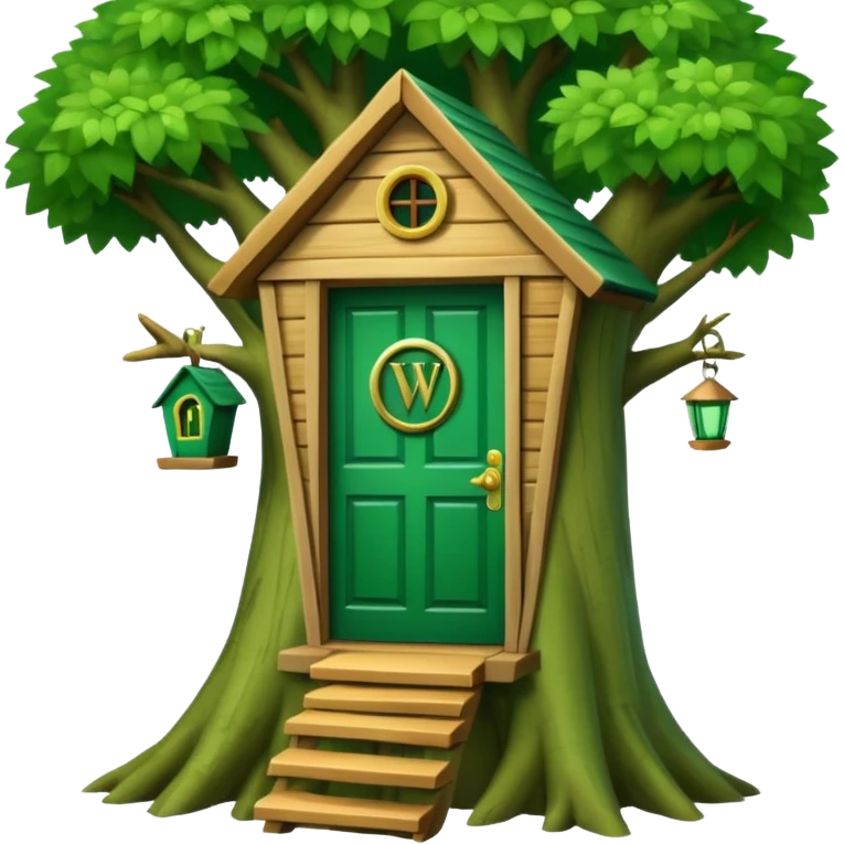 letter W on the side wall of a treehouse with an emerald green door, in a tree emoji