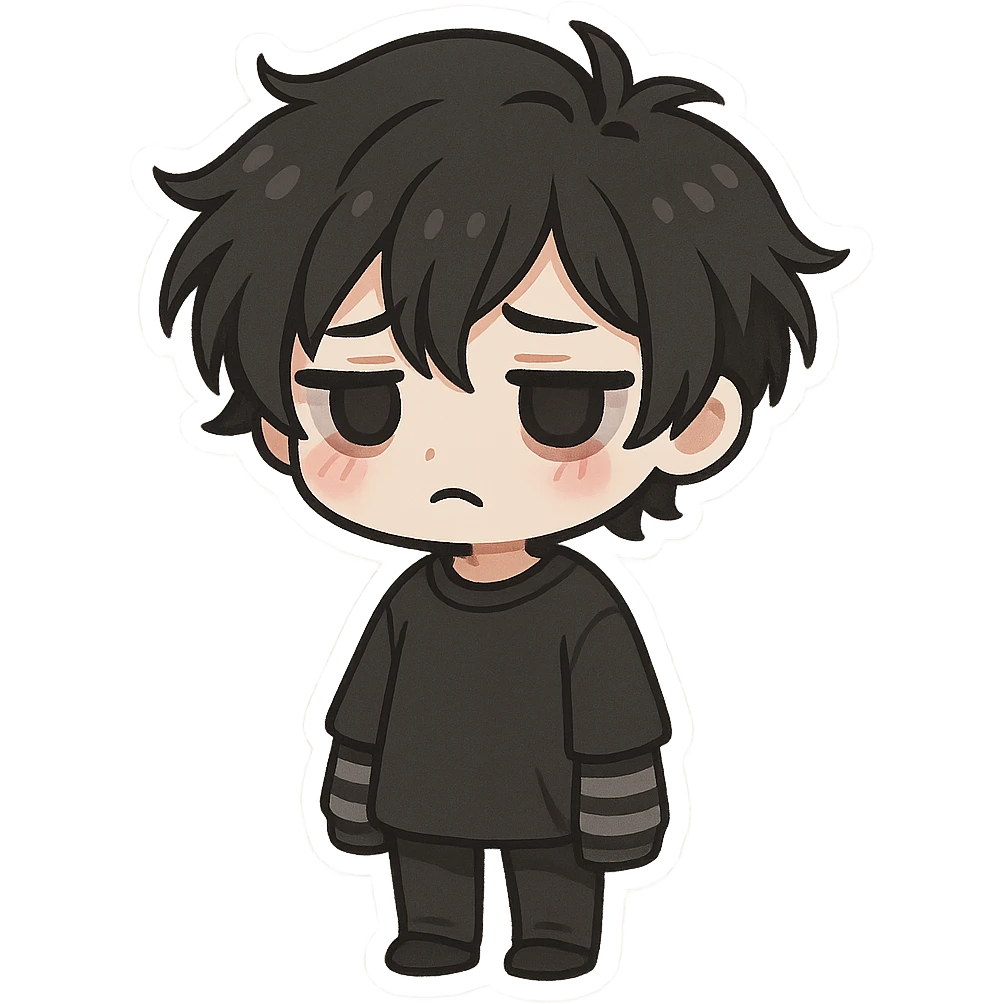 goth boy, chibi style, oversized sweater, striped sleeves, cute but gloomy emoji