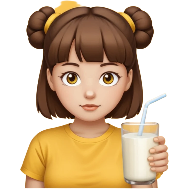 beautiful girl with brown hair with twin buns style, straight bangs, yellow eyes, milk brown tshirt, white skin, her body is a little fat  emoji
