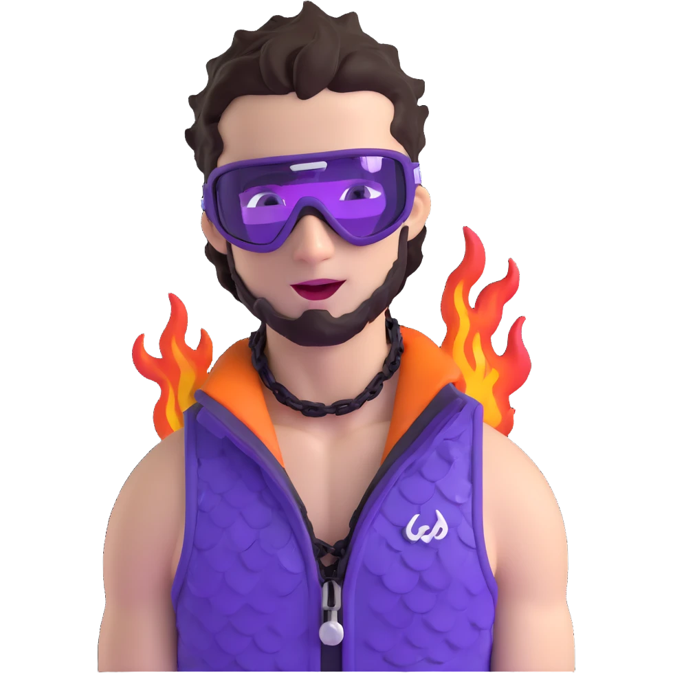 close-up of cool guy male athlete with white skin and moderately curly dark brown hair on top with shaved sides, with one purple ski goggle lens pushed up above his eyes on his forehead, sticking his tongue out of his mouth, wearing only a plain black chain necklace around his neck, and a completely unzipped sleeveless vest with purple and black sequin fire pattern design with no logo, clearly showing he is shirtless underneath with exposed chest and abs emoji