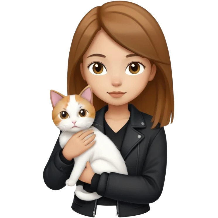 Light-skinned girl with brown straight hair wearing a black jacket, holding one completely white cat and one calico cat emoji