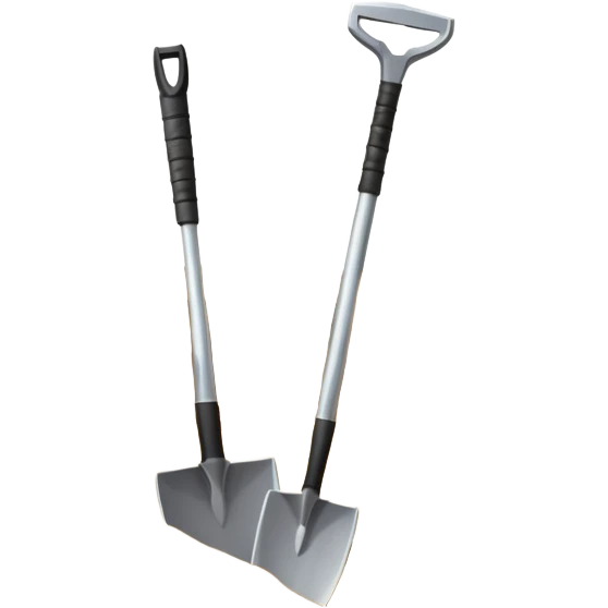 An icon showing archaeological tools—trowel, brush, and pickaxe—laid out on the sand, with the ancient Karnak temple ruins in the background. The design symbolizes exploration and discovery of ancient Egyptian history. Transparent background emoji