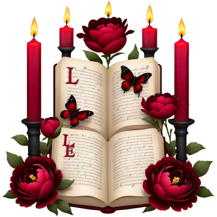 A dark, romantic composition featuring deep red peonies and pansies intertwined with blackened love letters, surrounded by glowing crimson candles. Butterflies in various shades of red flutter around Gothic crosses, creating an eerie yet passionate atmosphere. emoji