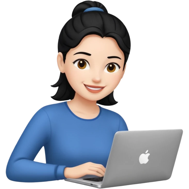 girl using her laptop smiling and black hair backwards emoji