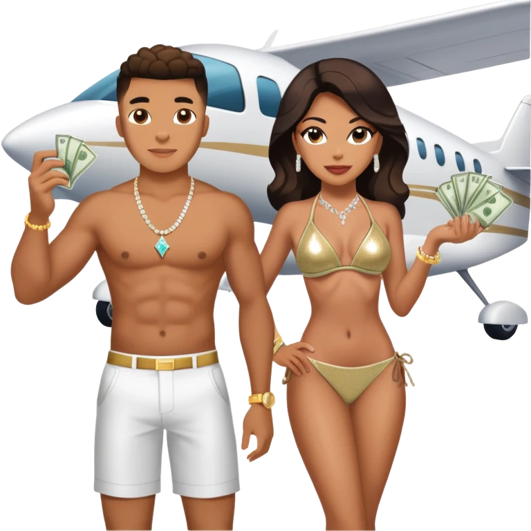tefi valenzuela wearing diamond sparkle un top bikini and josh king madrid standing on private plane throwing money at her emoji