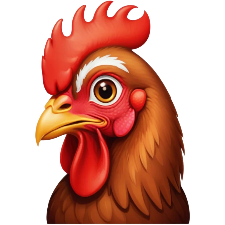 Cinematic Cute Brown Rooster Portrait Emoji, Head tilted playfully and inquisitively, featuring a glossy, immaculate brown plumage with a vibrant red comb, round, sparkling warm eyes filled with curiosity, Simplified yet irresistibly adorable features, highly detailed, glowing with a warm, friendly glow, high shine, affectionate and spirited, stylized with a touch of farmyard whimsy, bright and endearing, soft glowing outline, capturing the essence of a mischievous yet loving rooster, so playful it feels like it could strut out of the screen and into your arms! emoji