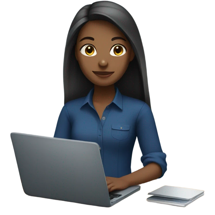 Girl IN DARK BLU SHIRT working with a laptop, NO PONY TAIL, STRAIGHT HAIR emoji