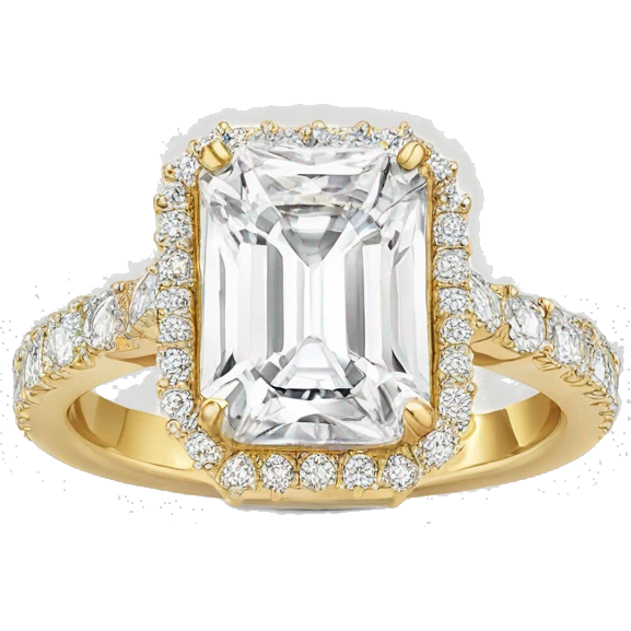 Radiant cut gold engagement ring with halo emoji