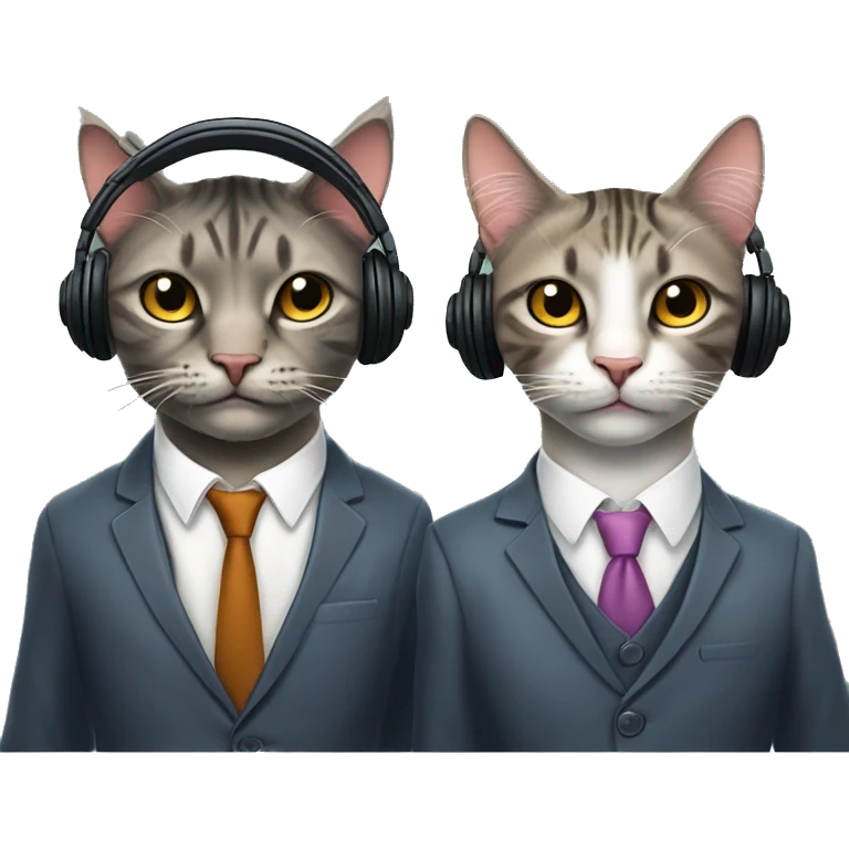Two well-dressed cats in two different suits human bodies with cat faces, standing next to each other. african american looking. one cat with dreads. Wearing headphones for a podcast. Happy faces. 
 emoji