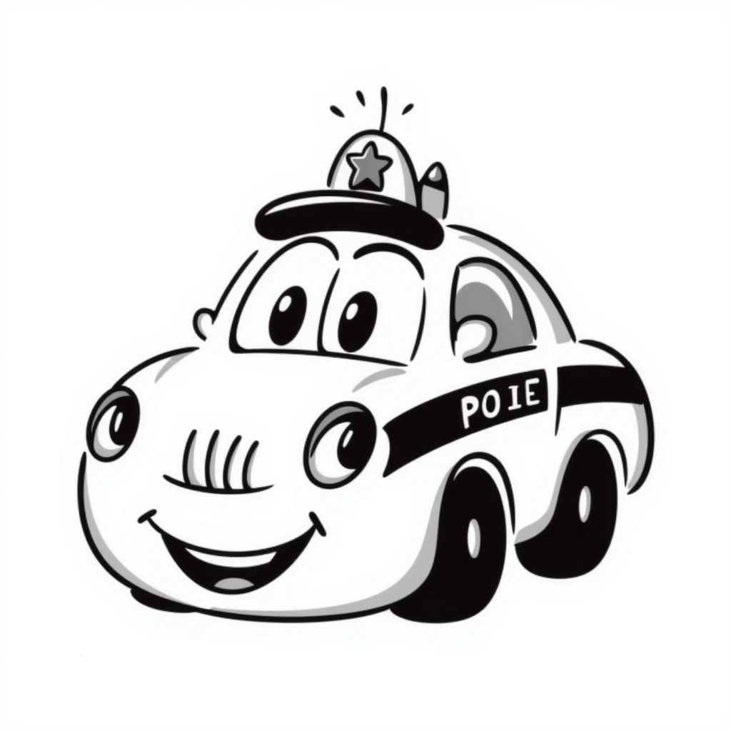 A hand-drawn police car with a determined, friendly face and a police hat emoji
