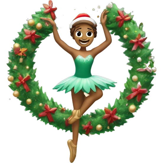 A cartoon Christmas wreath with long arms and legs is dancing ballet in the snow emoji