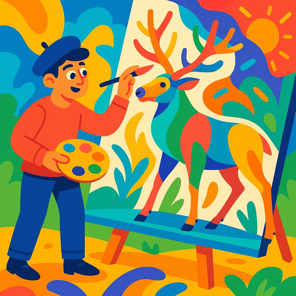 a man painting an elk, imaginative and colorful, vibrant colors, dynamic and lively emoji