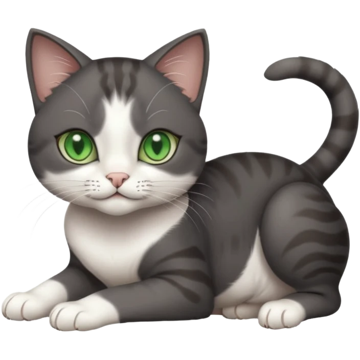 beautiful female solid dark grey cat with green eyes, white toes/paws and white patch on her chest rolling over emoji