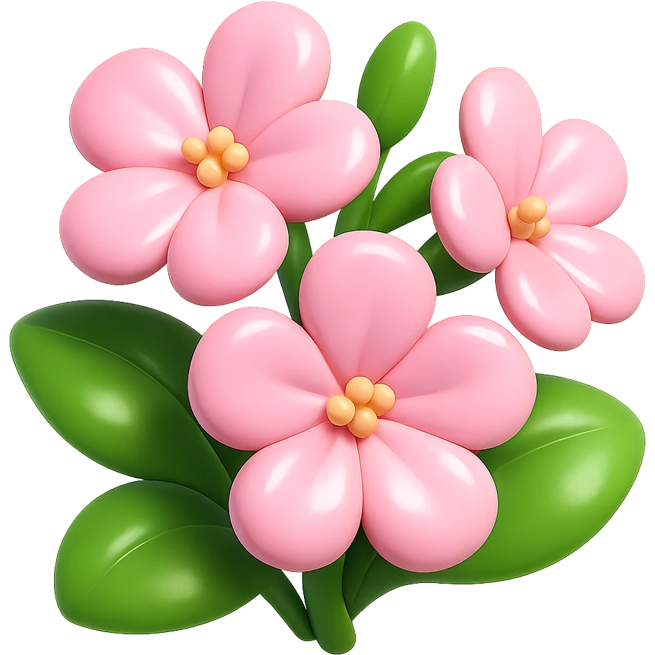 Create 3D iOS-style cartoon soapwort (Saponaria) flowers with extra volumetric and rounded shapes, exaggerated cute pale pink petals, big green leaves, playful proportions, soft lighting, and a glossy effect. No background, no face or smile. Render in GPT Image style to capture the intended look. emoji