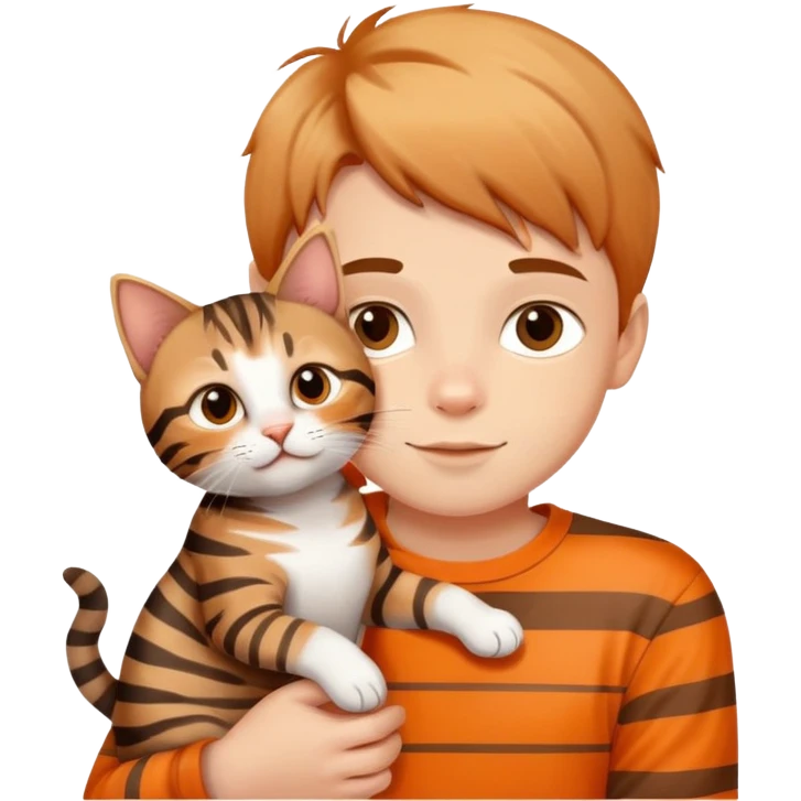 A young boy holding a cute tabby cat with orange and brown stripes emoji