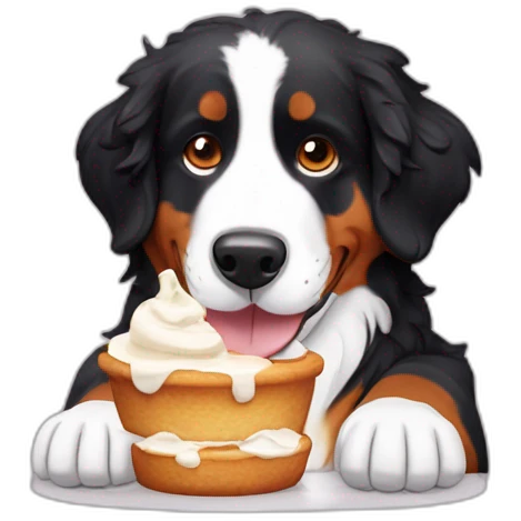 Bernese mountain dog eating meringue and double cream emoji