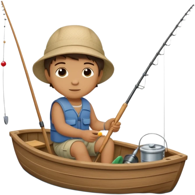 A single Little boy on a little boat fishing, felt texture, scrapbooking, precious moments style character emoji