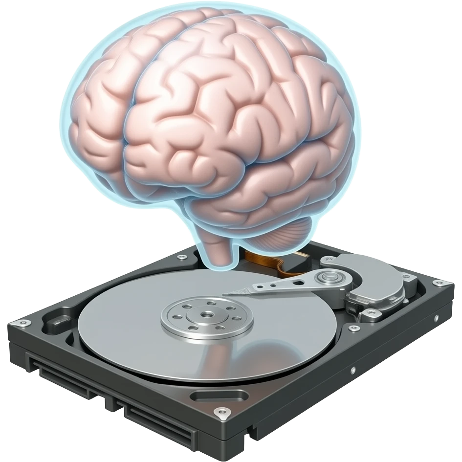 a transparent synthetic brain floats attached to a hard drive emoji