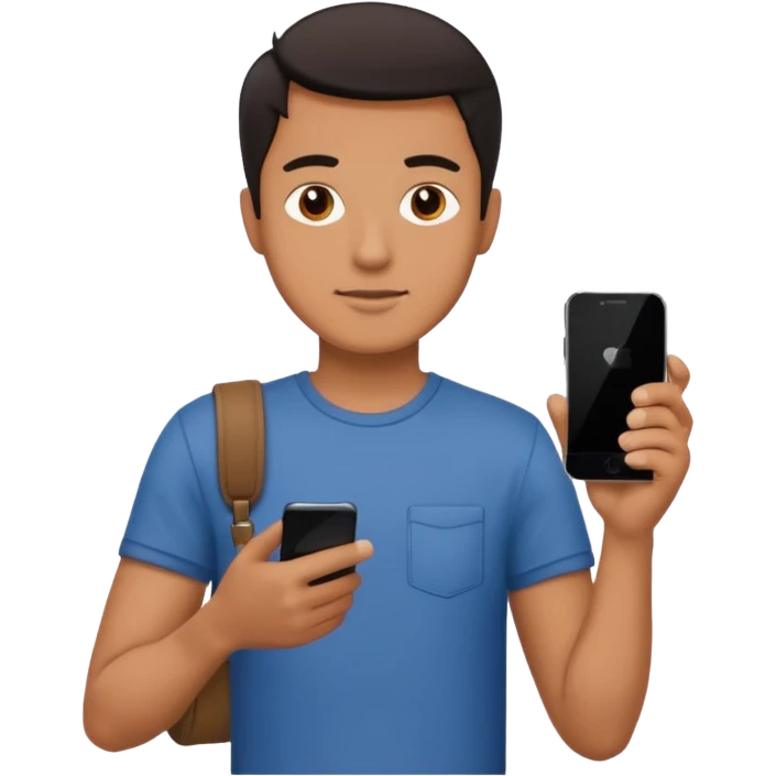 man casual clothes holding one phone emoji