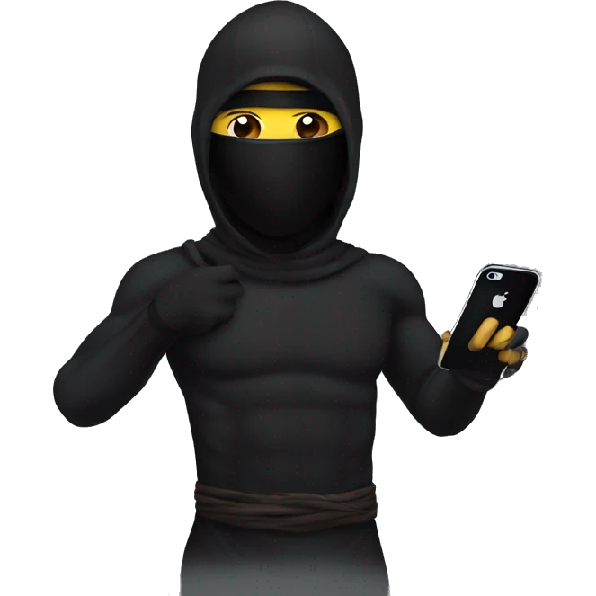 Black ninja speaking with iphone 15 max pro emoji