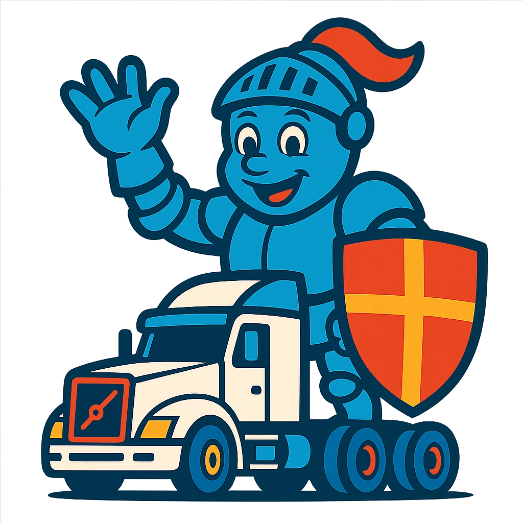 Make Casper the knight smaller, about the same size as the white semi truck, vibrant toon style, keep transparent background. emoji