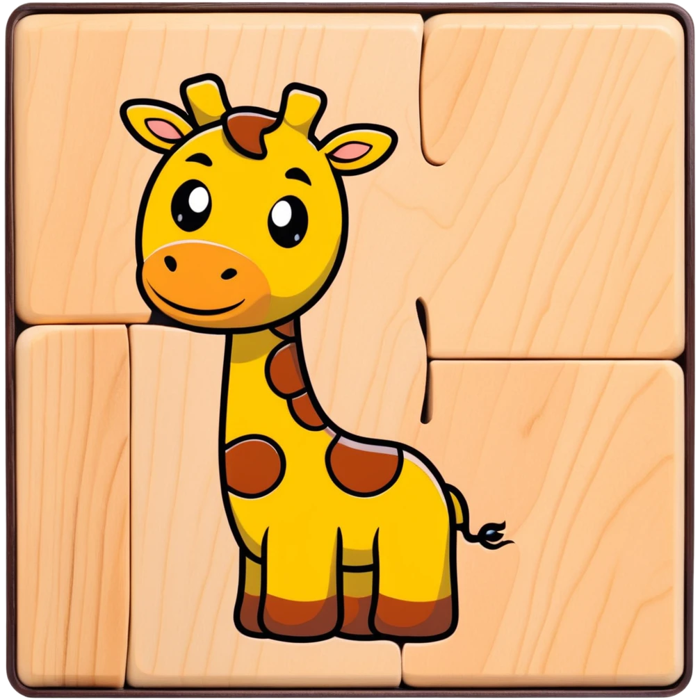 A cartoon wooden puzzle giraffe toy with a sweet face and visible puzzle pieces emoji