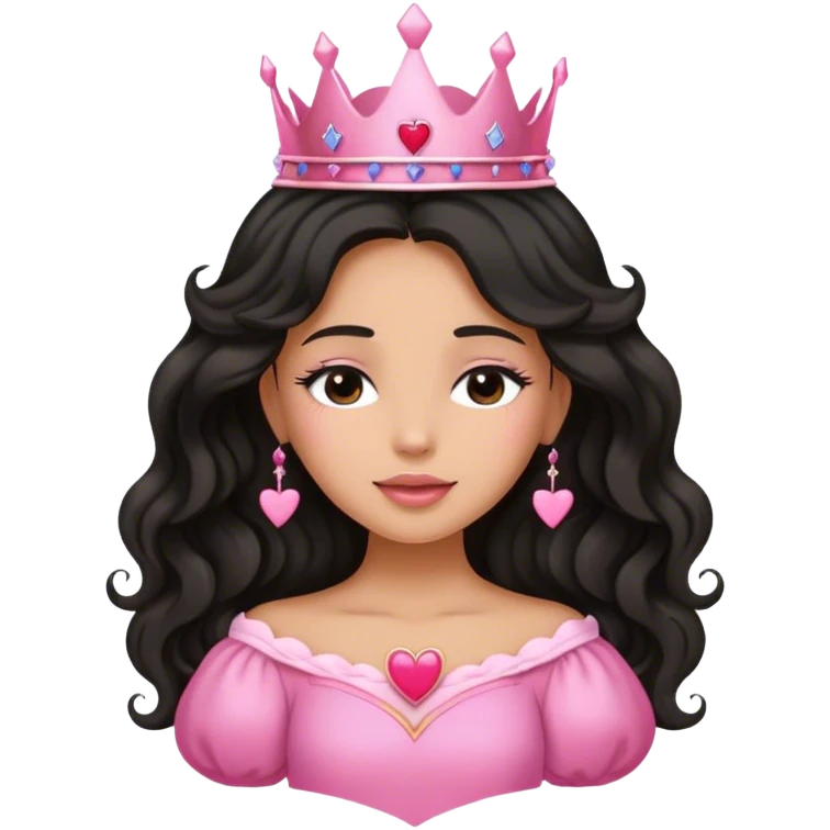 Very tanned princess, with long black wavy hair and a crown, a pink princess Outfit. In love with hearts. With Closed Eyes. emoji