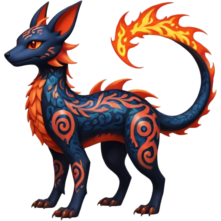 Shiny Fiery Dark Ugly Evil Realistic Glowing Eldritch Horror Cool Edgy Badass Emo Demonic Batty Dusky Ethereal Punky Aural Fluorescent Bioluminescent Hideous Canine-Litten-Amaura-Salandit-Noibat-Flareon-Fakémon-fusion (full body) with intricate pattern markings emoji