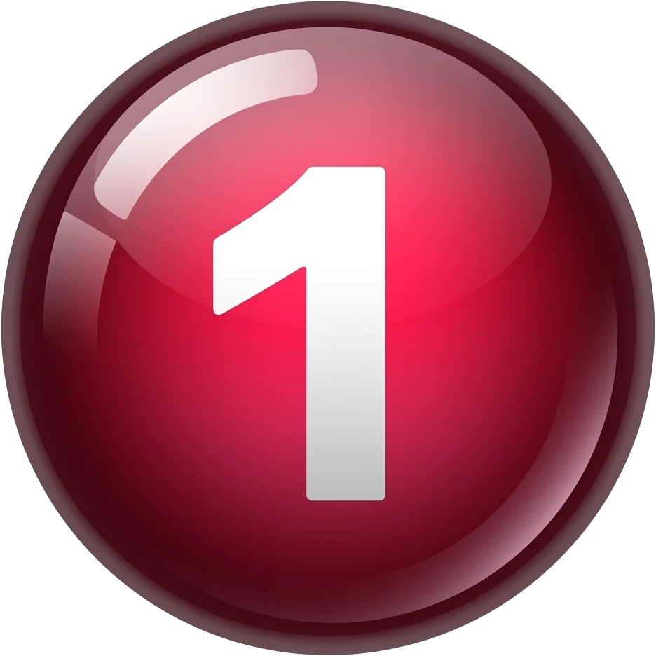 Glossy 3D sphere emoji, "1" bold white text centered, glowing gradient from red to dark red, glass reflection highlight, bubble style icon emoji