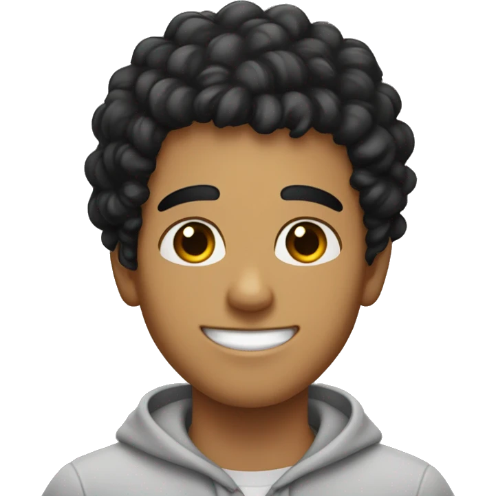 young hispanic guy with very curly black  hair and no beard or mustache, and with sweet smile emoji