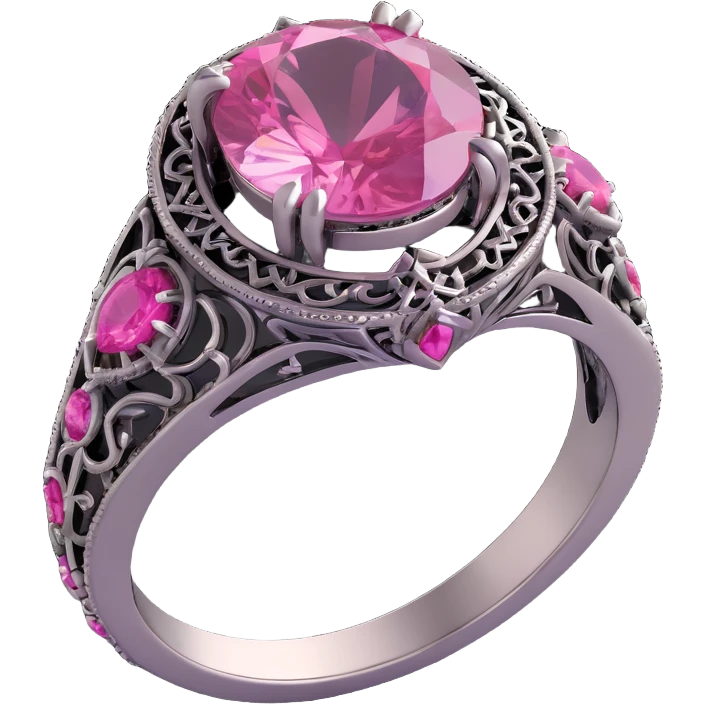 3D gothic ring with pink gemstone, intricate details, elegant and dark emoji