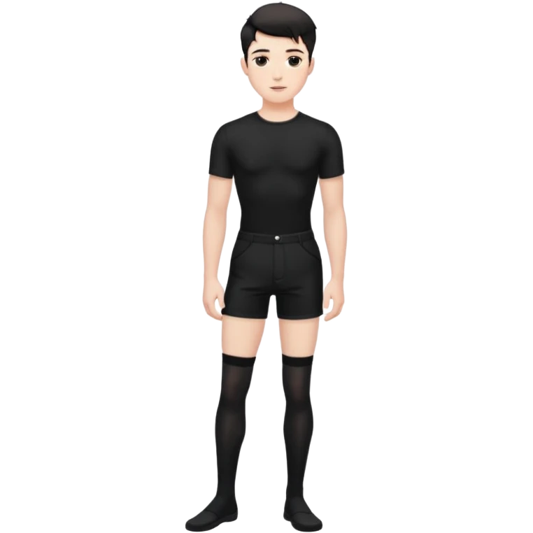 Male in his 20s, clean shaven, feminine look, wearing black thigh highs, black crops, black feminine shorts, is a femboy.   emoji
