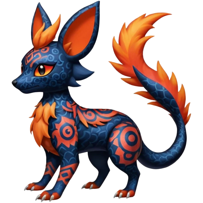 
Canine-Litten-Amaura-Salandit-Noibat-Flareon-Fakémon-fusion (full body) with intricate patterns emoji