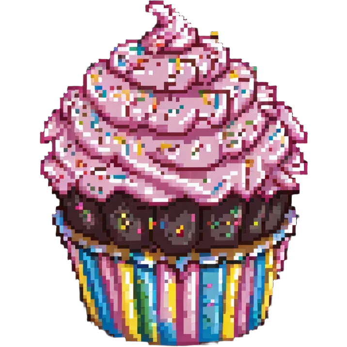 giant cupcake with pink icing and colorful sprinkles in pixel art style emoji
