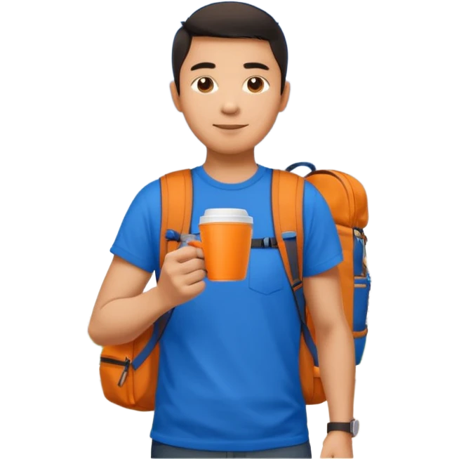 an asian man in blue t-shirt with orange cup of coffee and backpack on the back. Eiffel tower on the background emoji