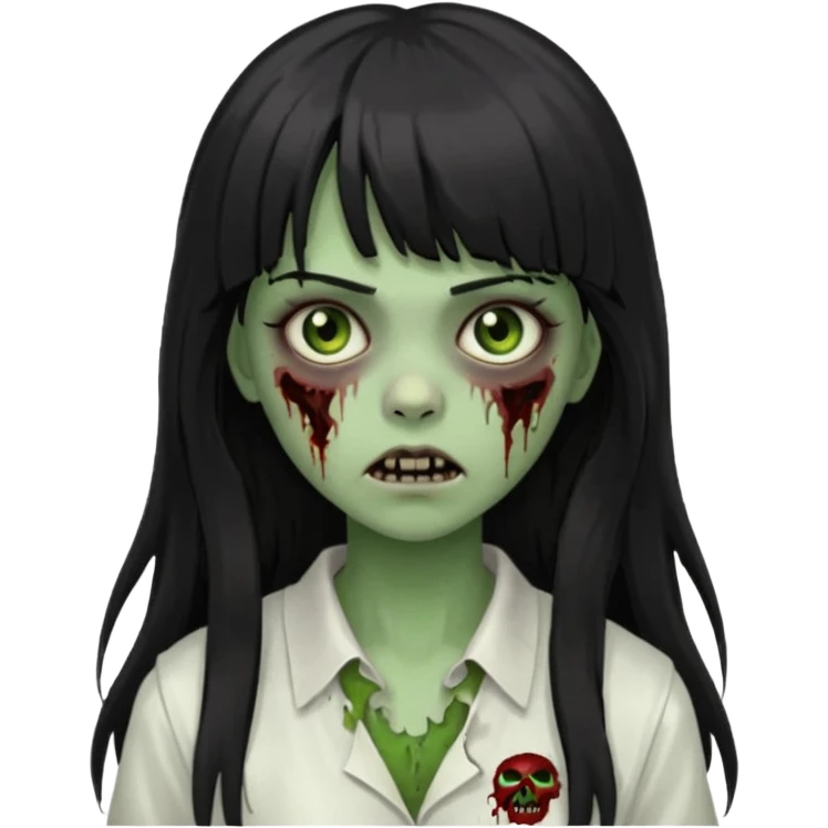 Make a girl with bangs with very dark black and long hair, light brown eyes and white clothes in the form of a zombie with green and scary skin emoji