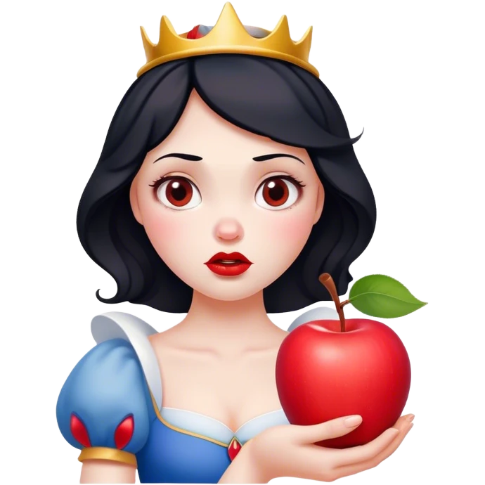 Cinematic Funny Snow White Portrait Emoji, Holding an apple with a suspicious expression, one eyebrow raised, lips pursed as if questioning her life choices, a hilariously relatable fairy tale moment! emoji