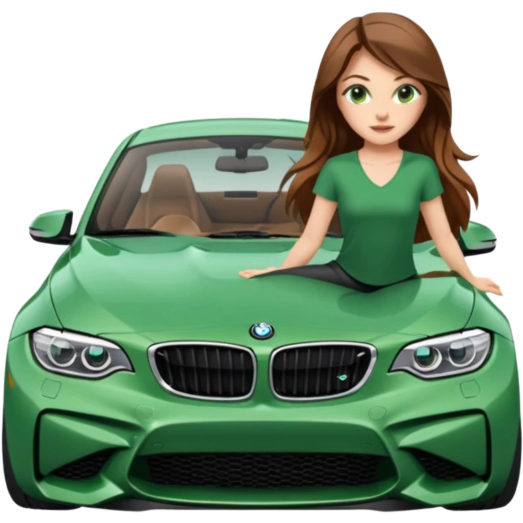Beautiful Caucasian girl realistic with green eyes and long brown hair straddling splits on the hood of BMW M2 car emoji