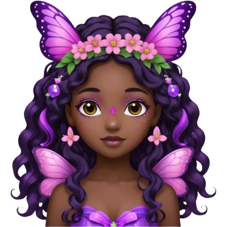 Black girl fairy with long wavy black hair, pink and purple red butterfly wings sparkly emoji