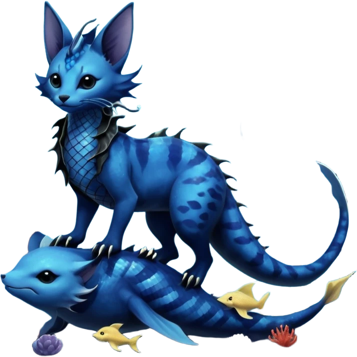 Epic complex abyssal fantasy swampy glorious detailed dark dusky gloomy deep gothic gloomy cobalt-blue-abyss-blue-black-greyish, realistic Fakémon-Sprigatito-Floragato-Meowscarada-Vaporeon-Salandit-Trico-Sergal-Serval-Vernid-creature (full body) with mermaid-ears, tail fin, shiny sparkly, iridescent emoji