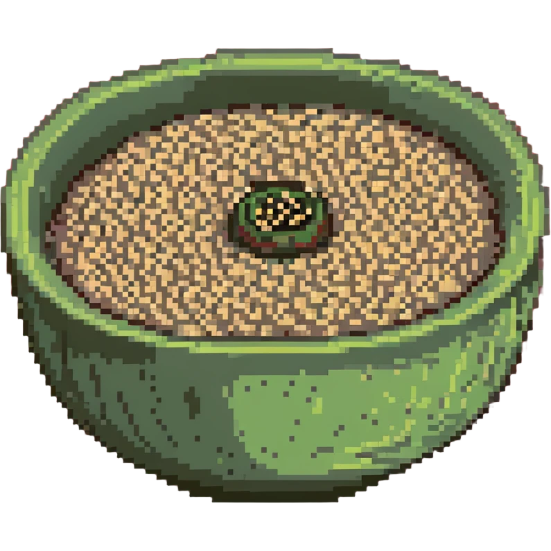 Small ceramic bowl filled with tiny sesame seeds, green bowl emoji