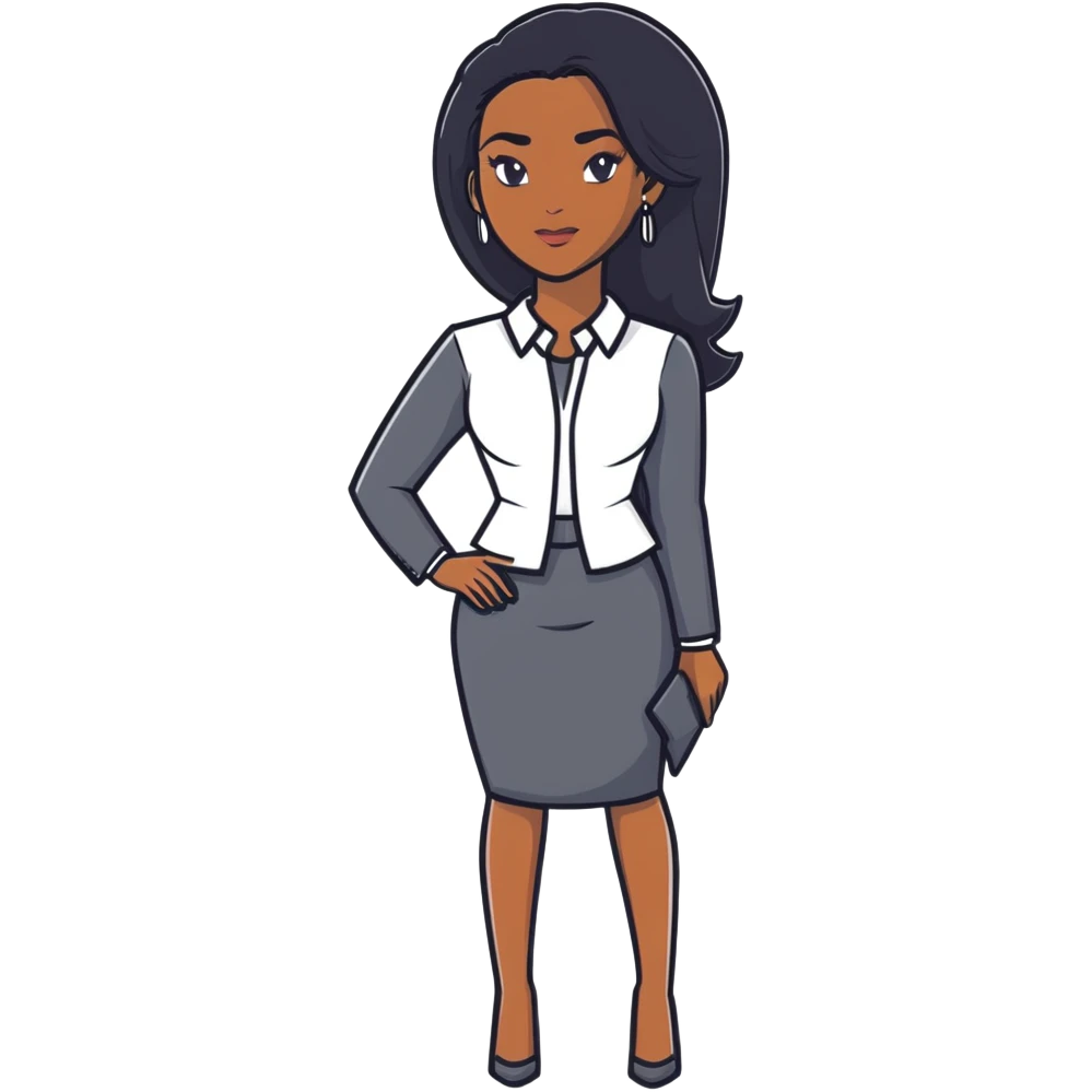Dynamic African career woman with sleek long black hair, modern business outfit, competent and assertive expression emoji