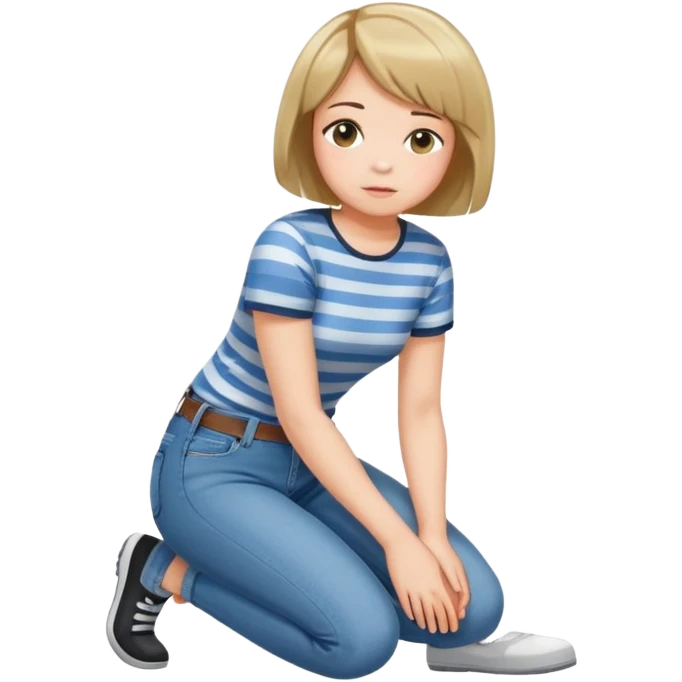 girl with short bob haircut in jeans and striped shirt kneeling on the ground seen from behind emoji