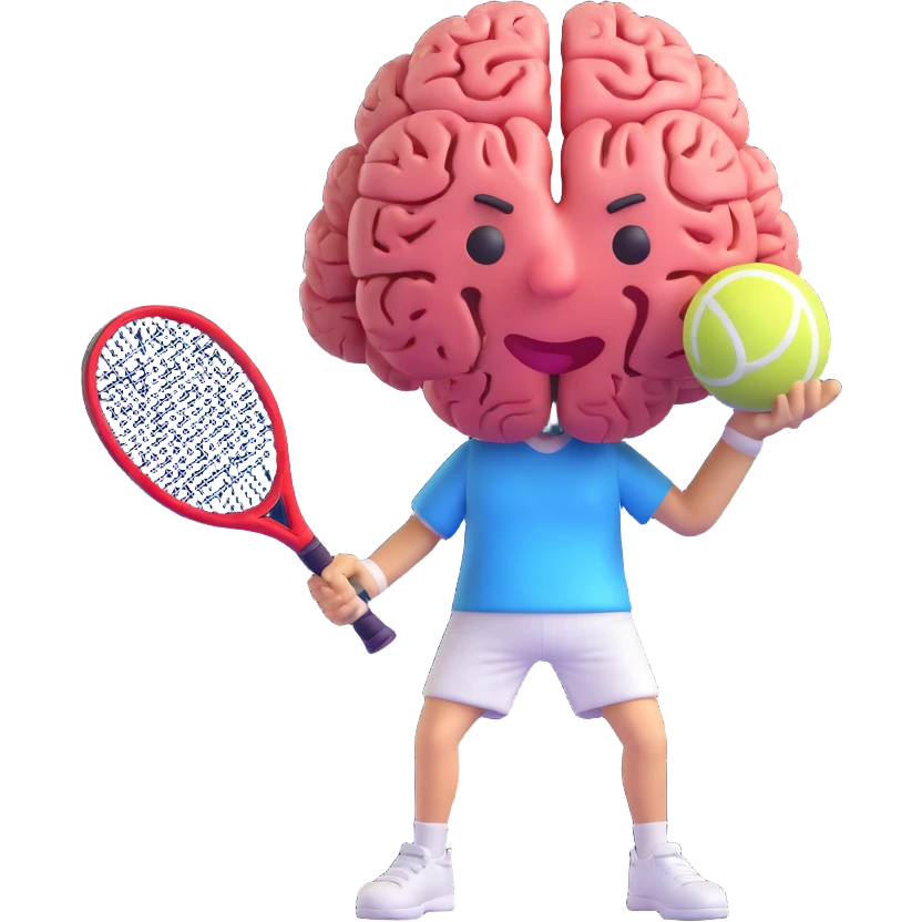 a brain holding a tennis racket, ready to serve, playful 3D emoji style emoji