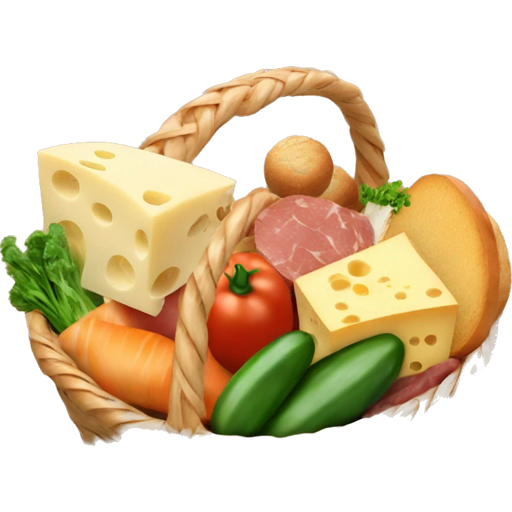 basket filled with cheese meat bread vegetables emoji