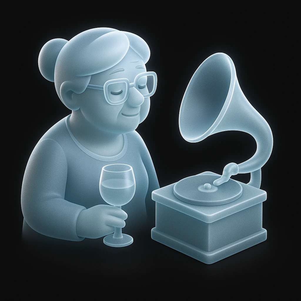 old lady with wineglass listening to gramophone emoji
