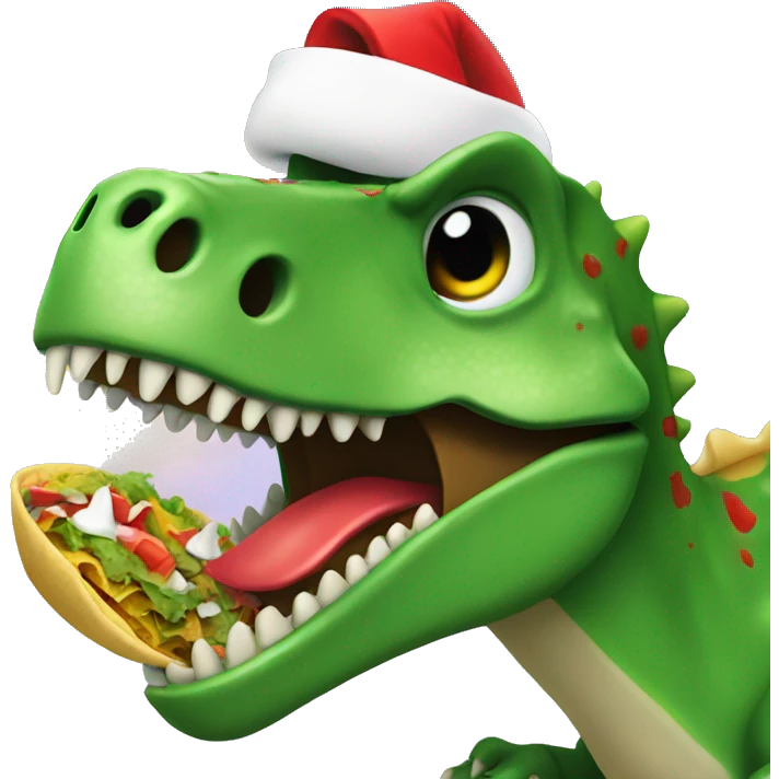 Green dino with santa hat eating taco emoji